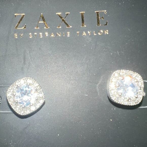 Zaxie By Stephanie Taylor Cubic Zarconia Cushion Cut CZ Halo Stud Earrings NWT - Picture 1 of 6